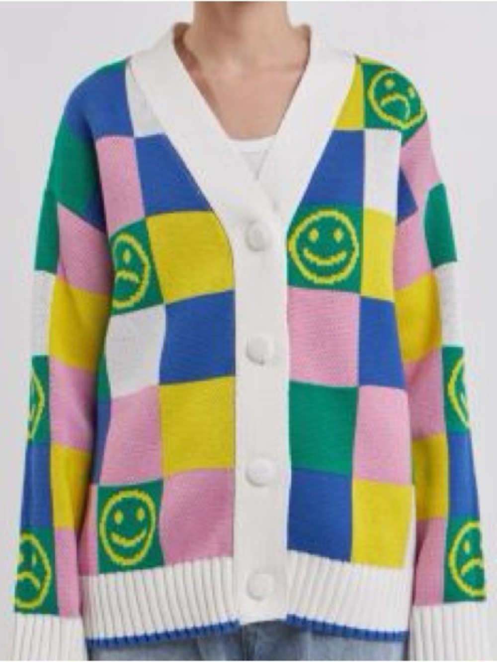 Grey Lab XOXO Smiley Cardigan cozy pastel checkered multi colorblock smiley face
